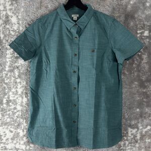 LL Bean Womens Size L Cotton Button Shirt Green Short Sleeve Casual Collared